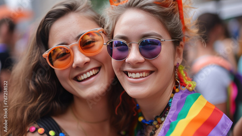 Two joyful women at a pride parade, wearing colorful sunglasses and accessories, embodying diversity and happiness.