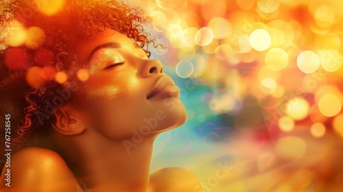 African American woman with healing energy and light around her feeling good breathing calm peace. H