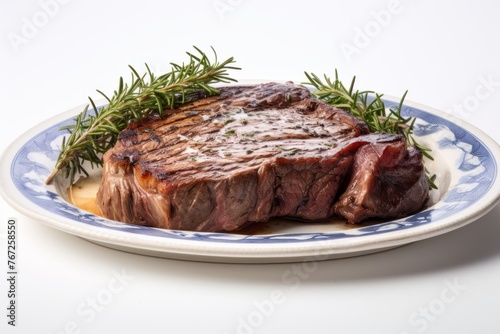 Exquisite medium rare ribeye steak on a porcelain platter against a white background
