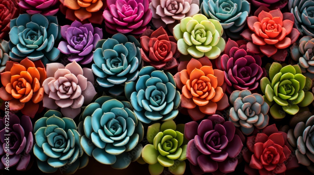 Detailed top view macro shot of vibrant succulent plants creating a colorful texture background Detailed top view macro shot of vibrant succulent plants creating a colorful texture background