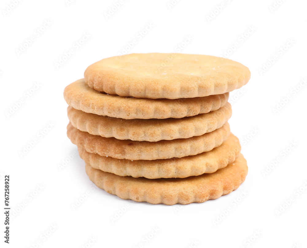 Tasty crispy round crackers isolated on white Tasty crispy round crackers isolated on white