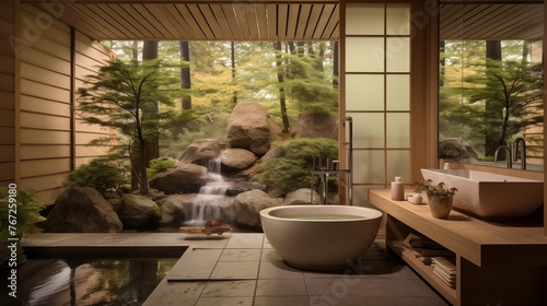 Zen modern spa bathroom with freestanding hinoki ofuro tub shoji screens and indoor garden with bonsai plantings. © Aeman