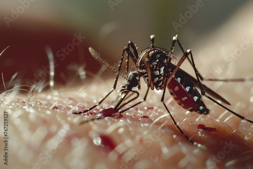 Sunlit mosquito sucking blood on skin - A natural sunlight-bathed image capturing a mosquito actively feeding on human skin, depicting the beauty and danger in nature © Mickey