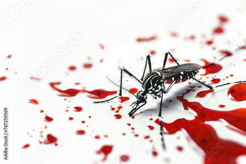 3D of mosquito with blood drops - A highly detailed 3D of a mosquito among vibrant red blood splatters, emphasizing the bloodsucking aspect of the insect photo