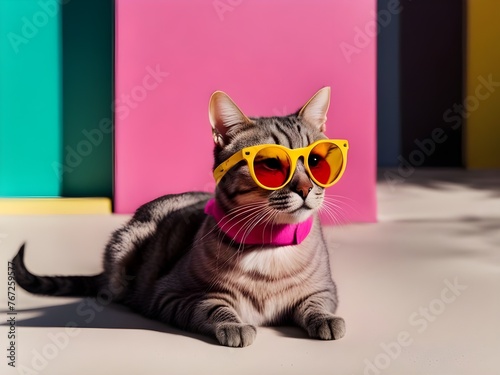 Handsome fashionable furry grey cat wearing yellow and pink sunglasses. Copy space for text
