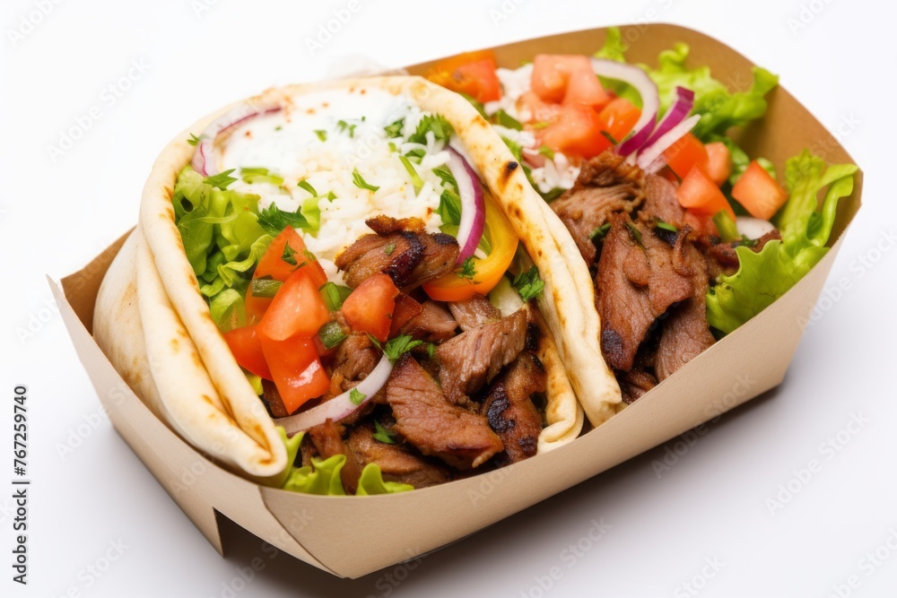Juicy doner kebab in a bento box against a white background Juicy doner kebab in a bento box against a white background