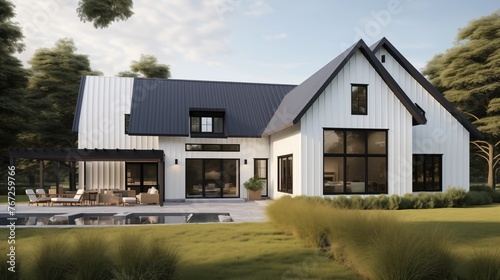 Sleek and linear contemporary farmhouse with black windows vertical siding and open layout.