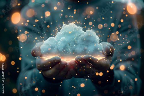 Cloud Computing Illustrated, Man Holding Fluffy White Illuminated Cloud with Glowing Nods, Online Storage User Perspective  photo