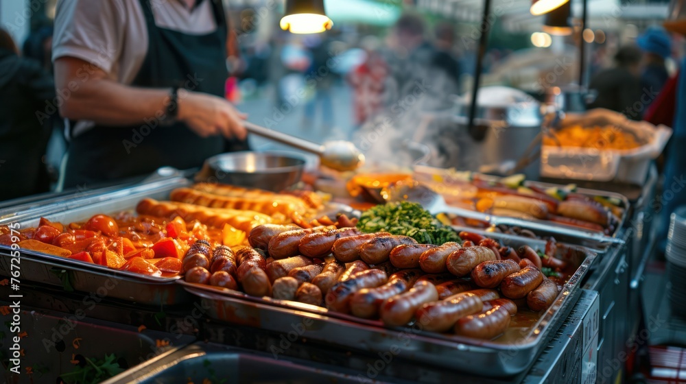 The market stall offers a mouthwatering currywurst, a quintessential German meal with grilled pork sausage and rich sauce. 