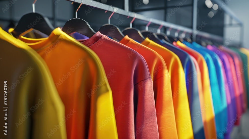 Obraz premium Vibrant display of sweatshirts on hangers in a textile retail setting.