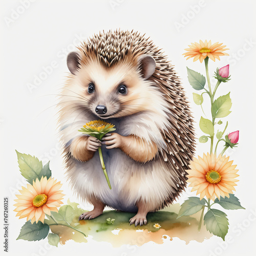 Watercolor of hedgehog with flower on white background