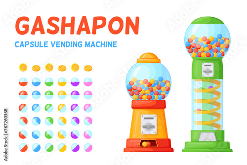 Gachapon capsule machines with bubblegum toy plastic container, vending machine dispense chewing bubble gum caramel ball rare candy sweets lucky coin vector illustration photo