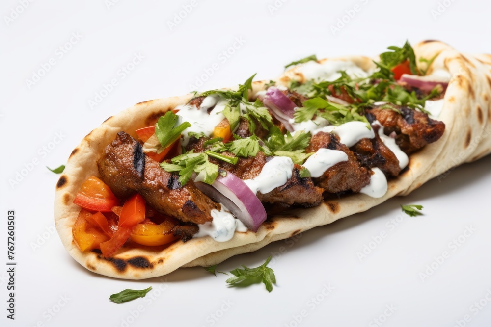 Hearty kebab on a ceramic tile against a white background Hearty kebab on a ceramic tile against a white background