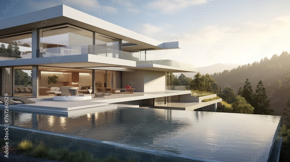 Sleek glass-walled modern masterpiece with cantilevers infinity pool and seamless indoor/outdoor living.