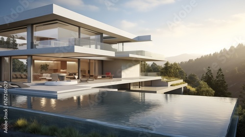 Sleek glass-walled modern masterpiece with cantilevers infinity pool and seamless indoor/outdoor living. photo