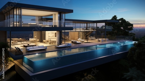 Sleek glass-walled modern masterpiece with cantilevers infinity pool and seamless indoor/outdoor living. © Aeman