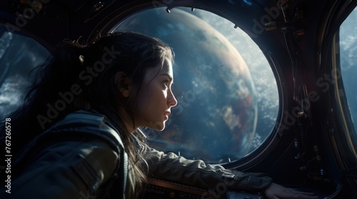 Fototapeta Naklejka Na Ścianę i Meble -  Galactic explorer's vision: In her space suit, a girl astronaut looks through the spaceship window, enchanted by the sight of a large planet in the cosmic expanse.