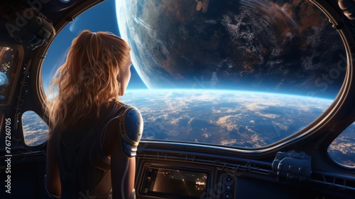 Intergalactic explorer's vision: A space-suited woman looks through the spaceship window, enchanted by the sight of a large planet in the cosmic vastness.