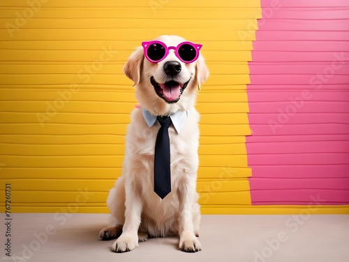golden retriever dog wearing sun glasses and tie in yellow and pink pastel color background; copy space for text, cute funny dog isolated in blank background; vacation concept