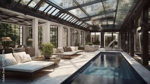 Sleek indoor lap pool and spa enclosure with retractable glass roof lounge space and elegant tile work.
