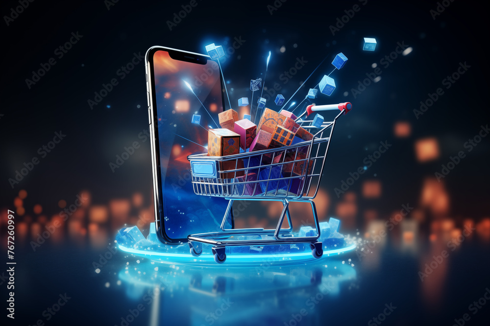 Shopping cart full of boxes on mobile phone and tablet screen, digital shopping concept Shopping cart full of boxes on mobile phone and tablet screen, digital shopping concept