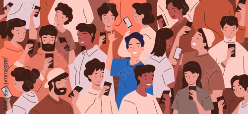 Crowd phone addiction. Addicted many people smartphone technology and addict free man, social media cellphone obsession, obsession person with phones read news vector illustration