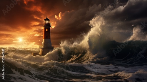 A luminous beacon, set against the stormy ocean, creates a captivating panoramic scene of nature's power.