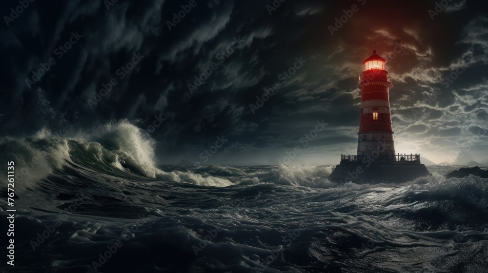 Ocean protection under cloudy skies: The lighthouse beam cuts through the storm, a symbol of safety in the evening.