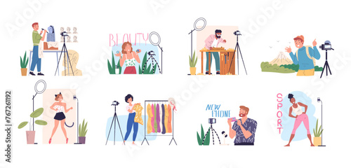 Bloggers vlog. Blogger man or girl fashionable lifestyle, video shoot fitness travel or beauty fashion content creator, social media influencer broadcast classy vector illustration