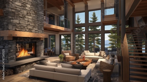 Soaring two-story mountain modern fireplace with heavy timber mantel stacked stone and overlooking loft walkway. photo