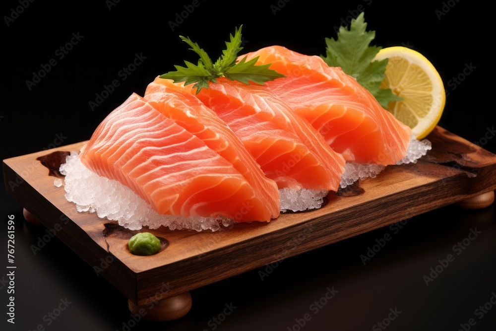 Juicy sashimi on a wooden board against a white background