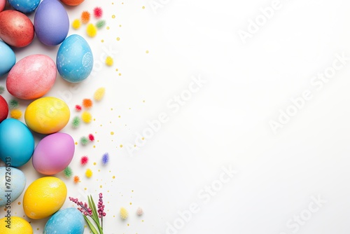 Easter eggs and easter bunny on white background with copy space. Easter background. Top view - generative ai