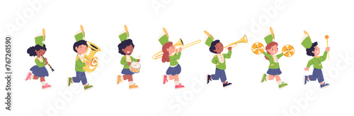 Kid band parade. Children musicians marching with trombone trumpet loud horn or drum, young military march cute cartoon child player music entertainment, classy vector illustration