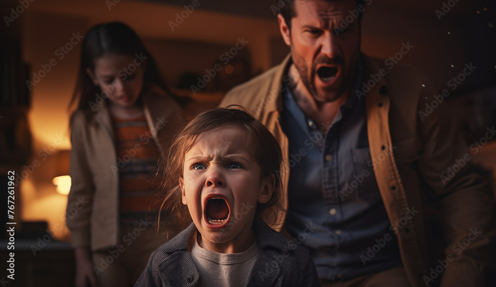 Little children with his parents who are crying or upset and yelling, Angry baby on crib in the style of emotional sensitivity