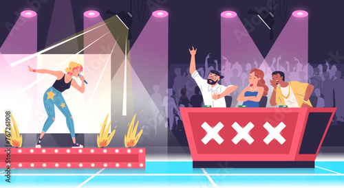 Talent tv show. Talented performer singing on stage singer contest, voice assessment judge people musical award television reality jury songs audition, classy vector illustration