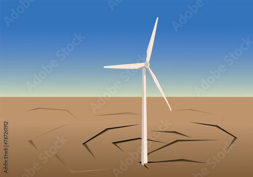 Wind turbine in an arid land. Illustration explaining the negative impact of Windmills on agricultural areas.