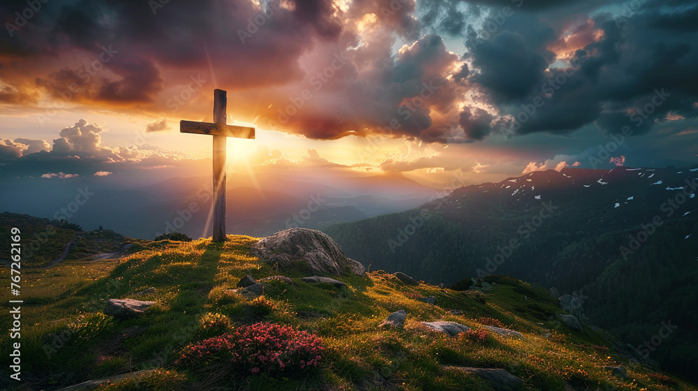 A cross on a mountain with the sun shining, AI Generative. A cross on a mountain with the sun shining, AI Generative.