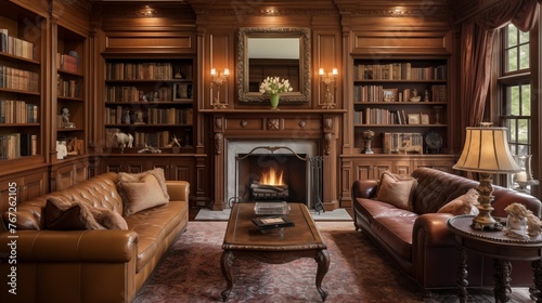 Sophisticated Georgian-inspired paneled study with crown molding bookshelves antique rug and carved fireplace mantel.