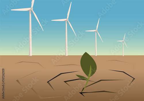 Wind turbine in an arid land. Illustration explaining the negative impact of Windmills on agricultural areas.
