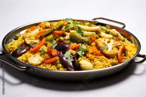 Exquisite couscous on a metal tray against a white background
