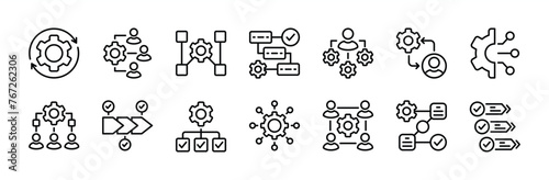 Workflow thin line icon set. Containing hierarchy, mechanism, manager, collaboration, organisation, activity, operation, procedure, planning, process, system arrow, productivity, progress, strategy