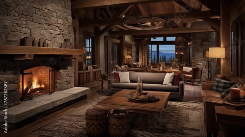 Sophisticated ski chalet lounge with timber beam accents antique snowshoe and ski decor and stone fireplace inglenook.