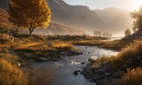 Autumn Landscape with yellow Aspens and snow covered mountains