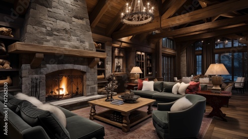 Sophisticated ski chalet lounge with timber beam accents antique snowshoe and ski decor and stone fireplace inglenook.