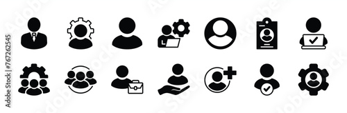Employee icon set. Containing people, user, Id card, working, group, recruitment, organization management, team, human resource, leader, agent, partnership, job, community, staff. Vector illustration