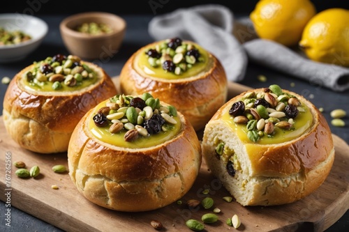 A close up of four sweet bread rollsfilled with lemon curd, raisins and pistachio nuts. They are unglazed.
