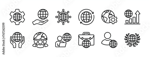 Global business thin line icon set. Containing international organization, world connection, unity, growth, management, businessman, cooperation, organisation, partnership. Vector illustration