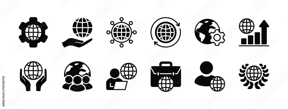 © Vilogsign - Global business icon set. Containing international organization, world connection, unity, growth, management, businessman, cooperation, organisation, partnership. Vector illustration