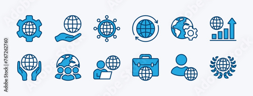 Set of global business icon. Containing international organization, world connection, unity, growth, management, businessman, cooperation, organisation, partnership. Vector illustration
