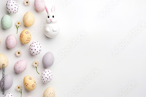 Easter eggs and easter bunny on white background with copy space. Easter background. Top view - generative ai
